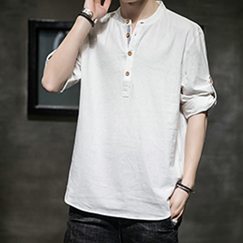 Buddha Stones Sommer Solid Herren Halbknöpfe Halbarm Leinenhemd - image 28