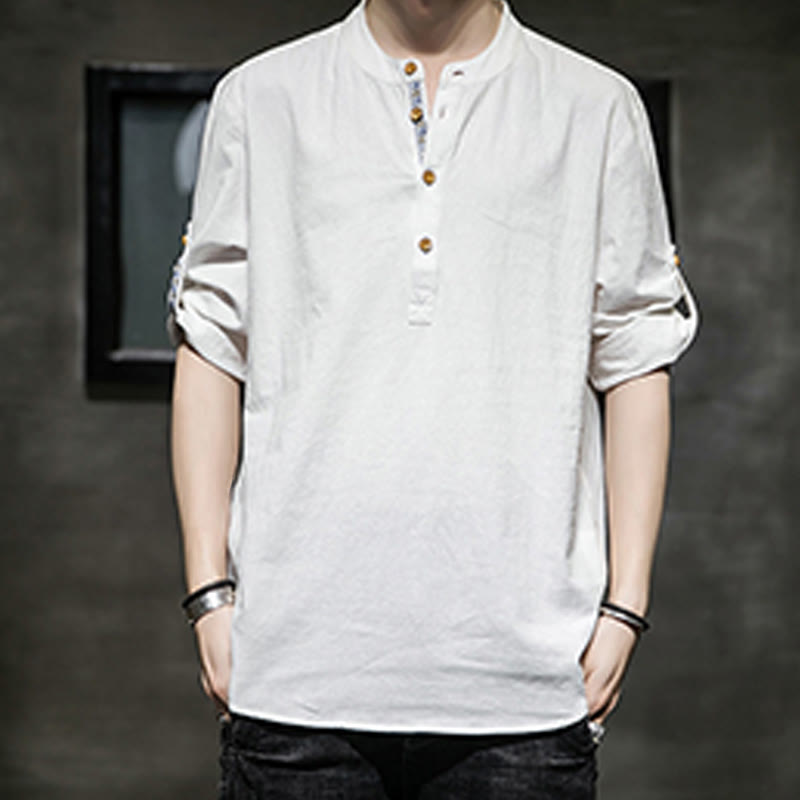 Buddha Stones Sommer Solid Herren Halbknöpfe Halbarm Leinenhemd - image 29