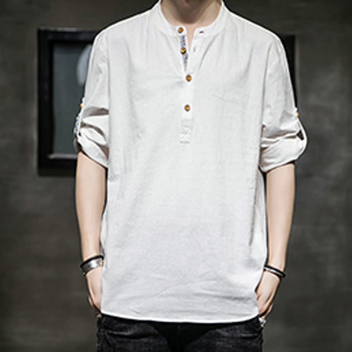 Buddha Stones Sommer Solid Herren Halbknöpfe Halbarm Leinenhemd - image 29