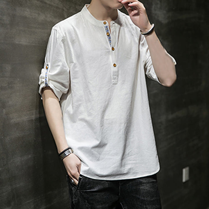 Buddha Stones Sommer Solid Herren Halbknöpfe Halbarm Leinenhemd - image 31