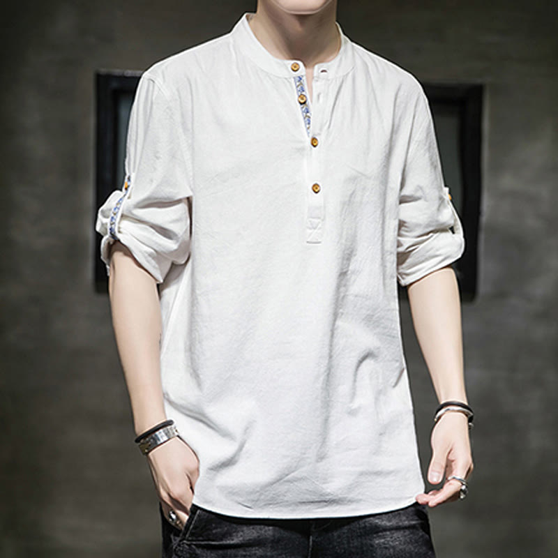 Buddha Stones Sommer Solid Herren Halbknöpfe Halbarm Leinenhemd - image 30