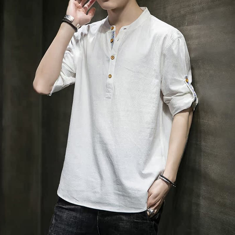 Buddha Stones Sommer Solid Herren Halbknöpfe Halbarm Leinenhemd - image 32