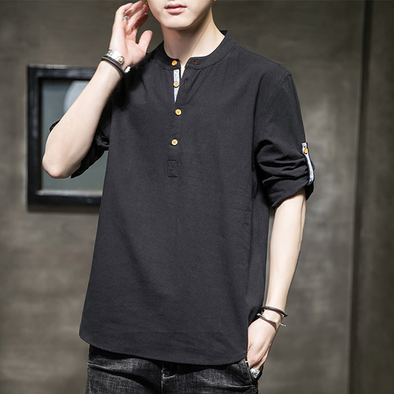 Buddha Stones Sommer Solid Herren Halbknöpfe Halbarm Leinenhemd - image 10