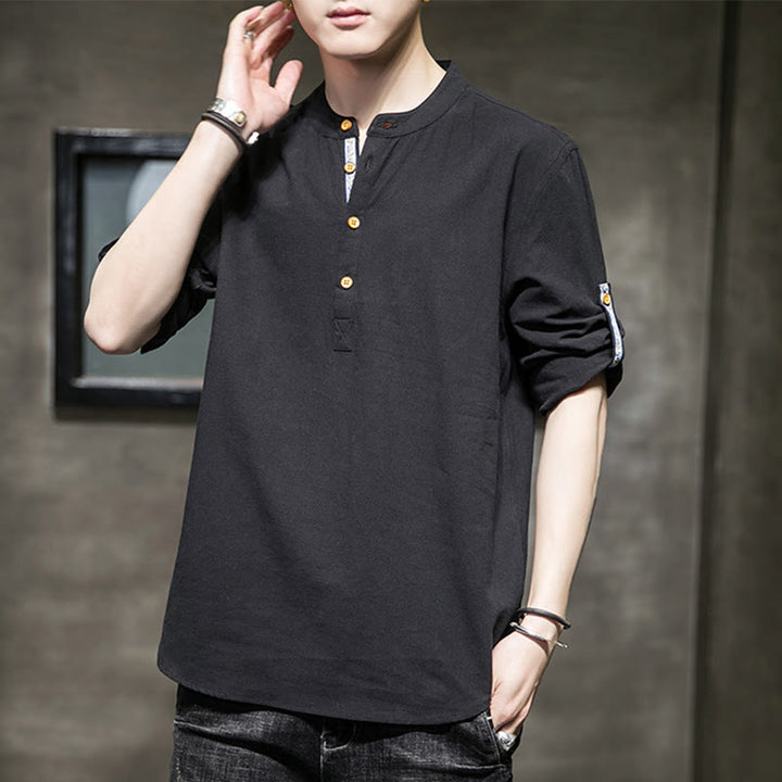 Buddha Stones Sommer Solid Herren Halbknöpfe Halbarm Leinenhemd - image 10