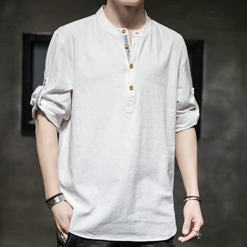Buddha Stones Sommer Solid Herren Halbknöpfe Halbarm Leinenhemd - image 33