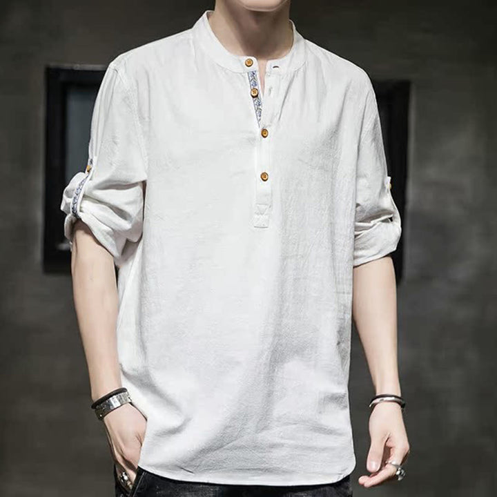 Buddha Stones Sommer Solid Herren Halbknöpfe Halbarm Leinenhemd - image 33