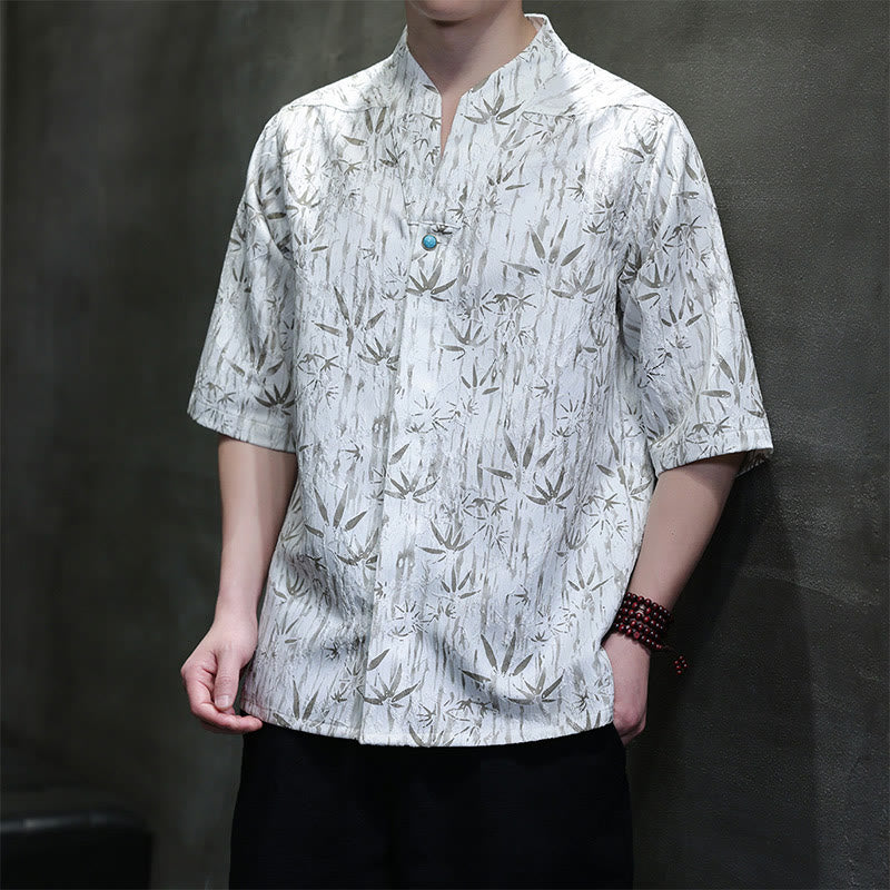 Buddha Stones Sommer Golden Bamboo Jacquard Herren Halbarm Leinenhemd - Weiß - US/ UK/AU46，EU56 (5XL) - image 8