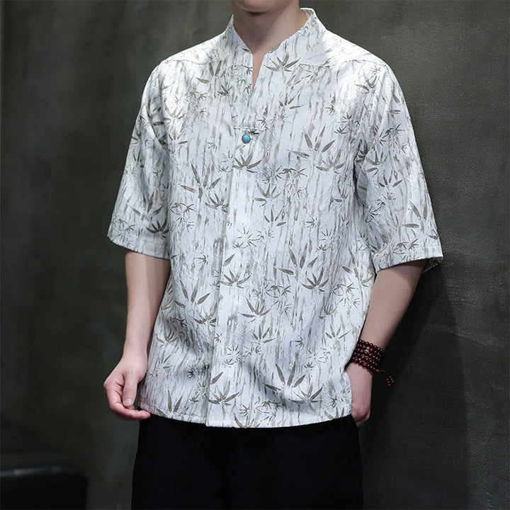 Buddha Stones Sommer Golden Bamboo Jacquard Herren Halbarm Leinenhemd - Weiß - US/ UK/AU46，EU56 (5XL) - image 8