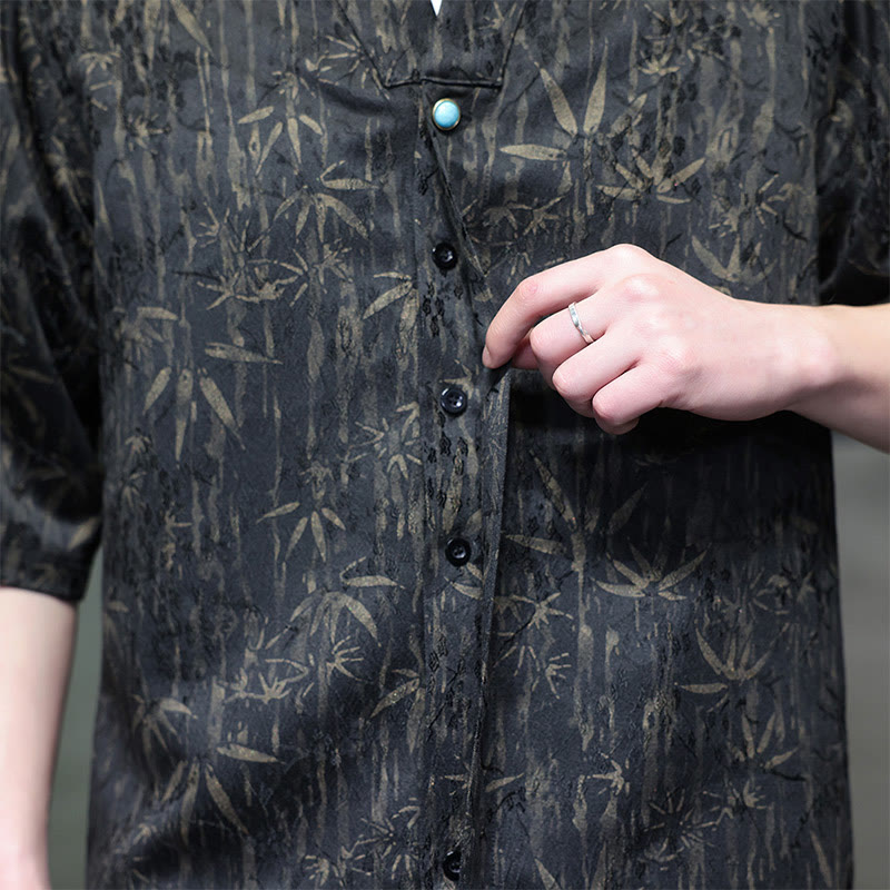 Buddha Stones Sommer Golden Bamboo Jacquard Herren Halbarm Leinenhemd - image 2