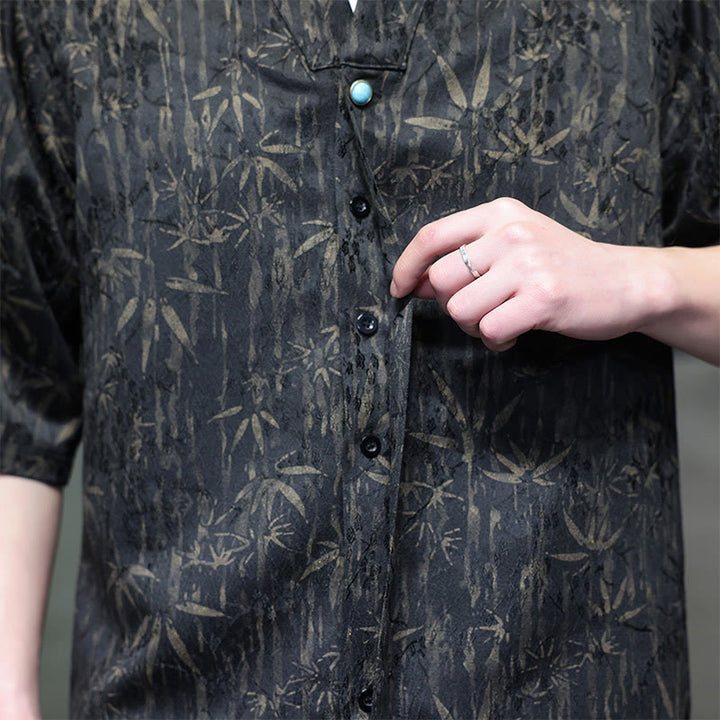 Buddha Stones Sommer Golden Bamboo Jacquard Herren Halbarm Leinenhemd - image 2