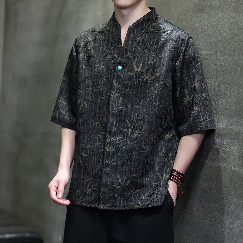 Buddha Stones Sommer Golden Bamboo Jacquard Herren Halbarm Leinenhemd - Schwarz - US/ UK/AU46，EU56 (5XL) - image 0