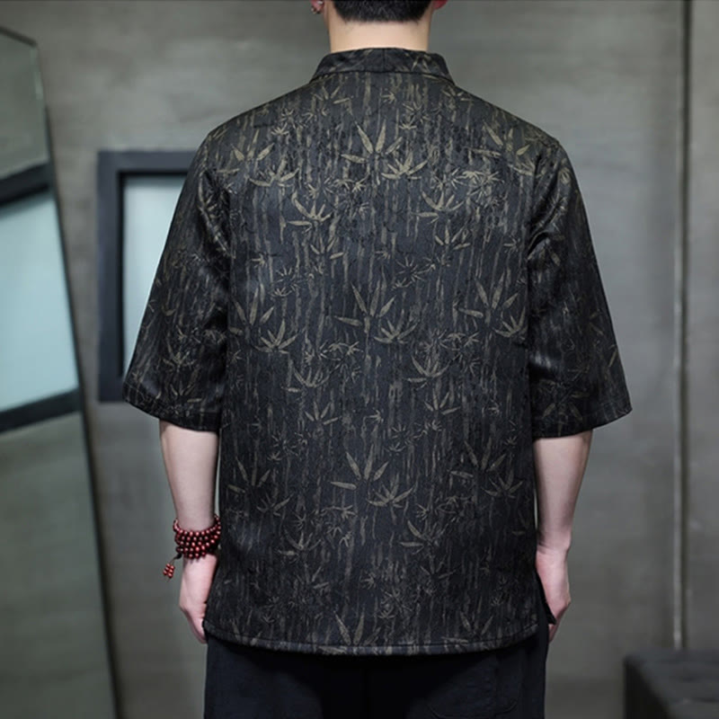 Buddha Stones Sommer Golden Bamboo Jacquard Herren Halbarm Leinenhemd - image 1