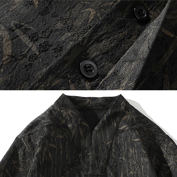 Buddha Stones Sommer Golden Bamboo Jacquard Herren Halbarm Leinenhemd - image 3