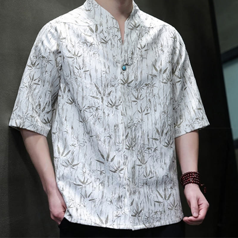 Buddha Stones Sommer Golden Bamboo Jacquard Herren Halbarm Leinenhemd - image 9