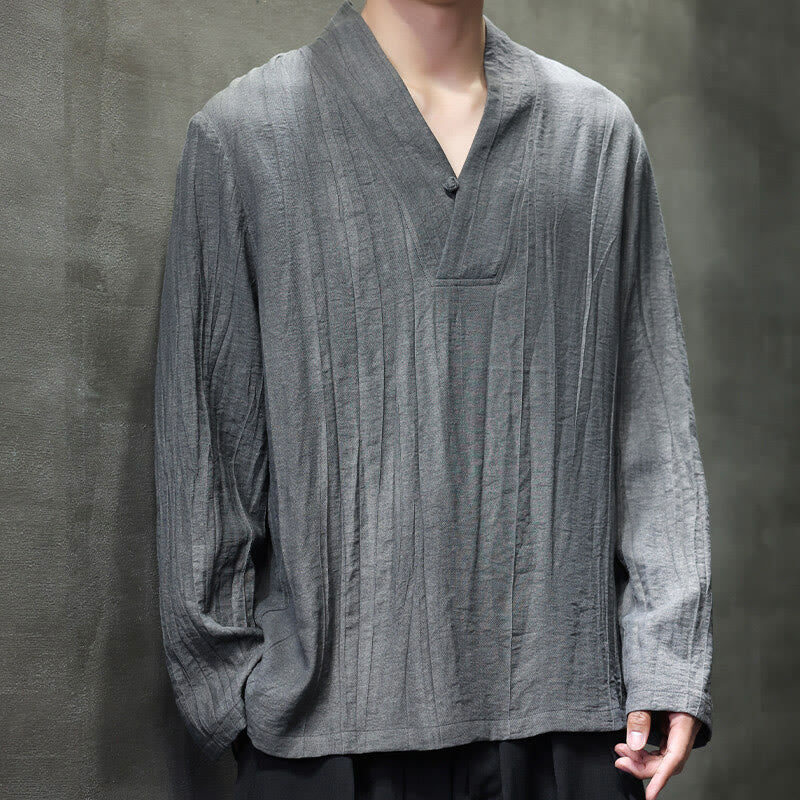 Buddha Stones Schlichtes Herren-Leinenhemd mit V-Ausschnitt und langen Ärmeln - Grau - US/ UK/AU46，EU56 (5XL) - image 0