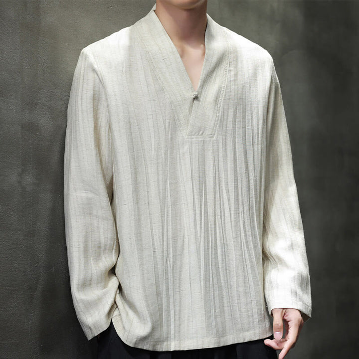 Buddha Stones Schlichtes Herren-Leinenhemd mit V-Ausschnitt und langen Ärmeln - Leinen - US/ UK/AU46, EU56 (5XL) - image 9