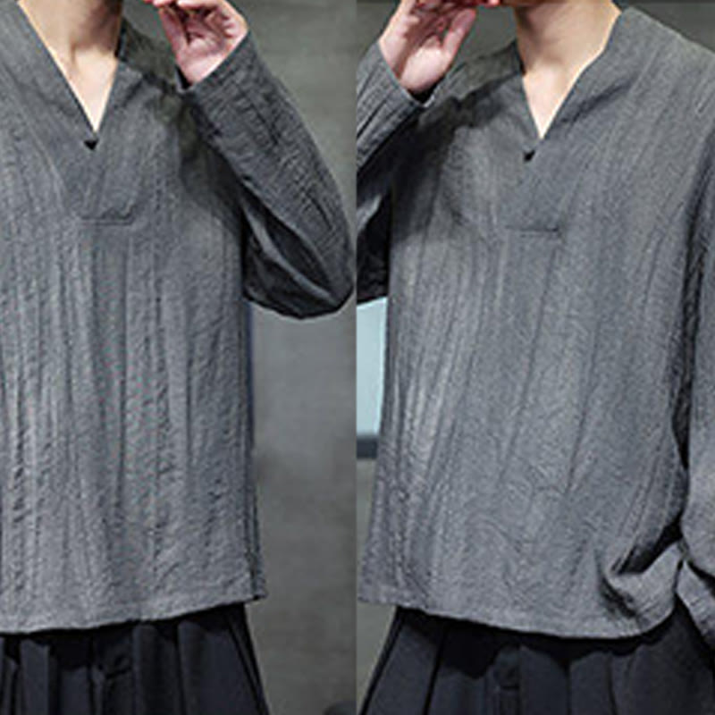 Buddha Stones Schlichtes Herren-Leinenhemd mit V-Ausschnitt und langen Ärmeln - image 8