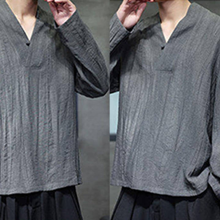 Buddha Stones Schlichtes Herren-Leinenhemd mit V-Ausschnitt und langen Ärmeln - image 8