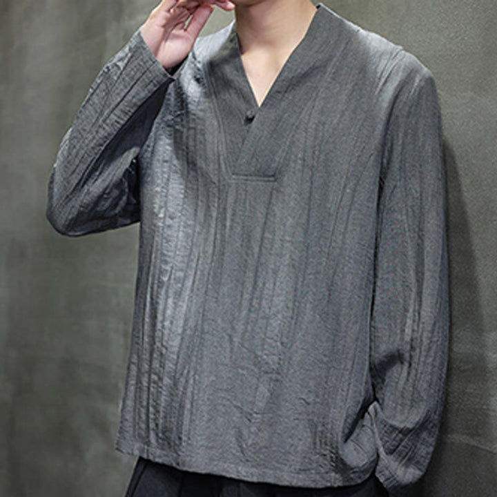 Buddha Stones Schlichtes Herren-Leinenhemd mit V-Ausschnitt und langen Ärmeln - image 5