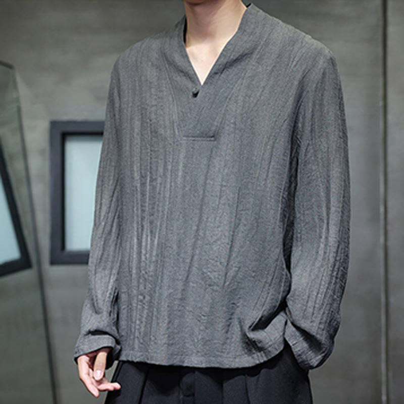 Buddha Stones Schlichtes Herren-Leinenhemd mit V-Ausschnitt und langen Ärmeln - image 4