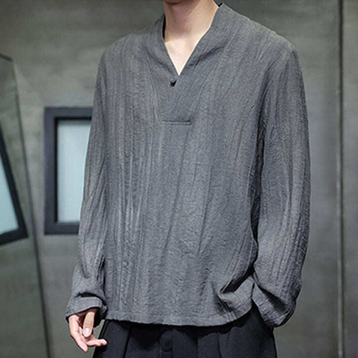 Buddha Stones Schlichtes Herren-Leinenhemd mit V-Ausschnitt und langen Ärmeln - image 4