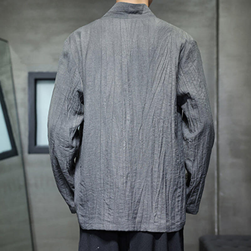 Buddha Stones Schlichtes Herren-Leinenhemd mit V-Ausschnitt und langen Ärmeln - image 2