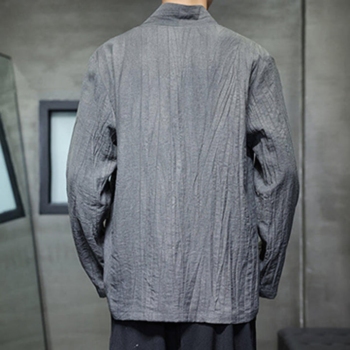 Buddha Stones Schlichtes Herren-Leinenhemd mit V-Ausschnitt und langen Ärmeln - image 2