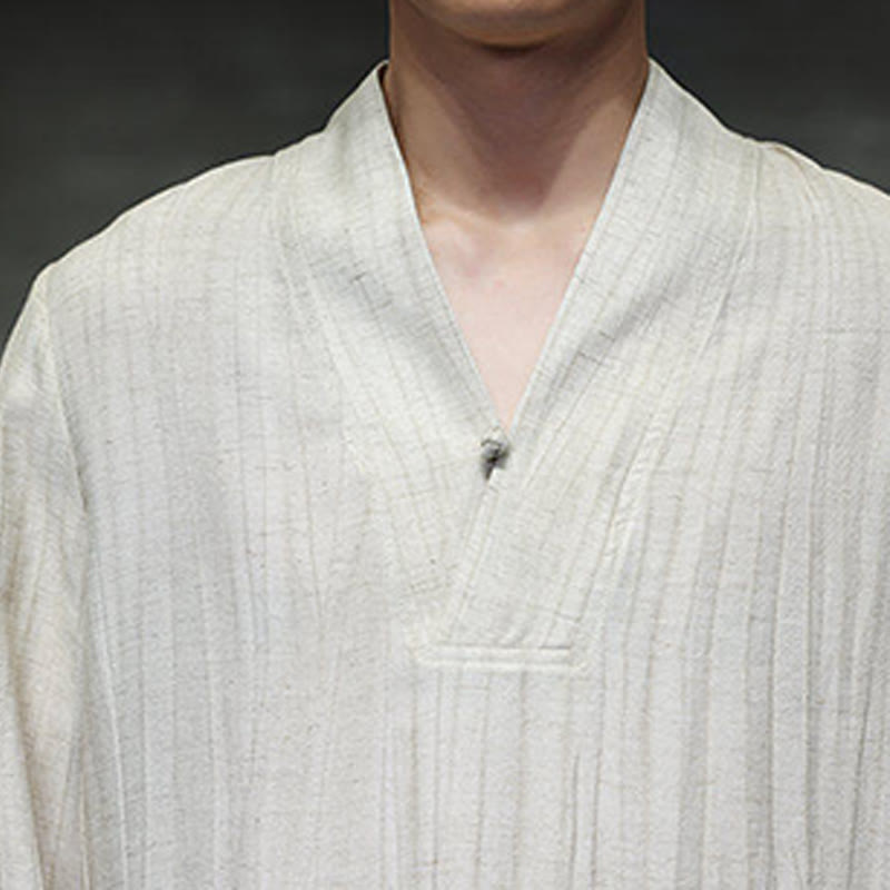 Buddha Stones Schlichtes Herren-Leinenhemd mit V-Ausschnitt und langen Ärmeln - image 17