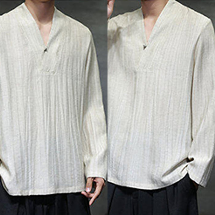 Buddha Stones Schlichtes Herren-Leinenhemd mit V-Ausschnitt und langen Ärmeln - image 14