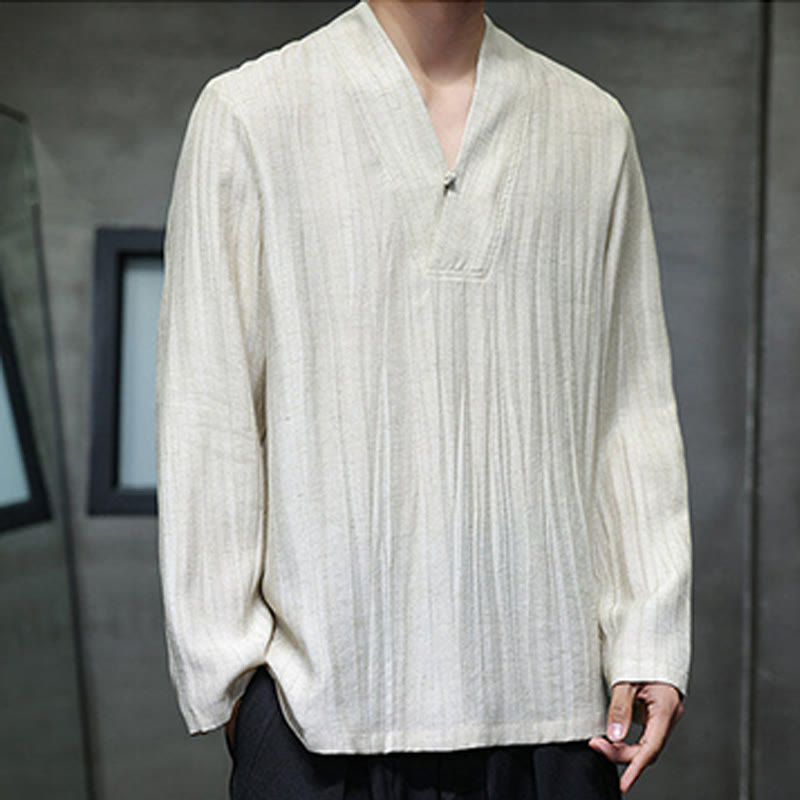 Buddha Stones Schlichtes Herren-Leinenhemd mit V-Ausschnitt und langen Ärmeln - image 13