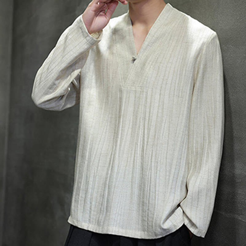 Buddha Stones Schlichtes Herren-Leinenhemd mit V-Ausschnitt und langen Ärmeln - image 16