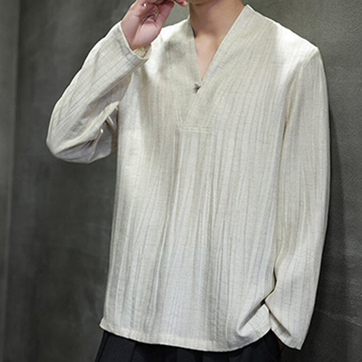 Buddha Stones Schlichtes Herren-Leinenhemd mit V-Ausschnitt und langen Ärmeln - image 16