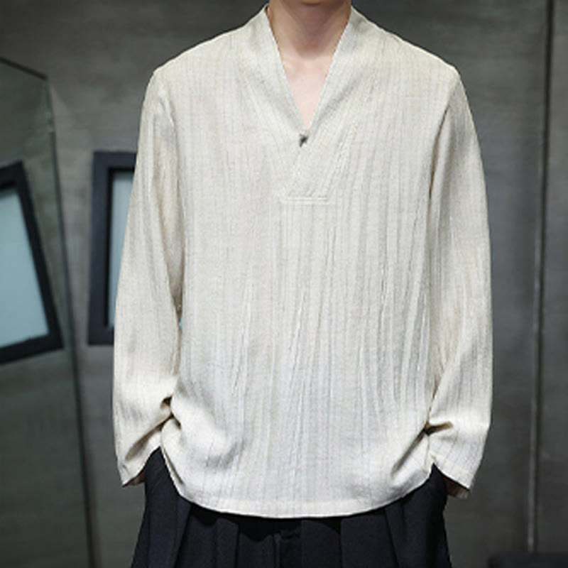 Buddha Stones Schlichtes Herren-Leinenhemd mit V-Ausschnitt und langen Ärmeln - image 12