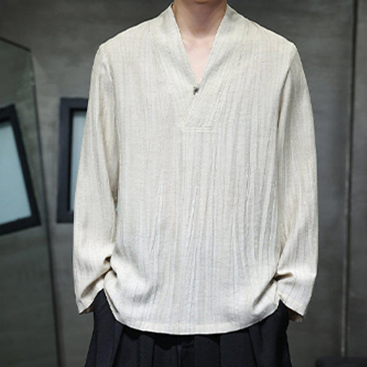 Buddha Stones Schlichtes Herren-Leinenhemd mit V-Ausschnitt und langen Ärmeln - image 12