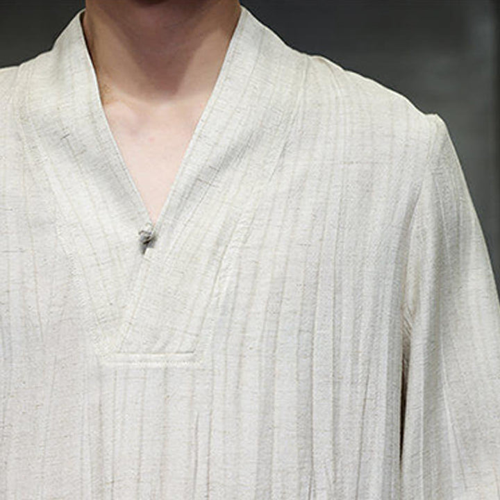 Buddha Stones Schlichtes Herren-Leinenhemd mit V-Ausschnitt und langen Ärmeln - image 18