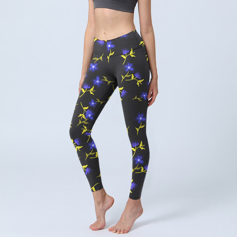 Buddha Stones Blaue Blumenblätter Musterdruck Gym Leggings Damen Yogahose - Schwarz - US18， UK/AU22，EU50 (4XL) - image 1