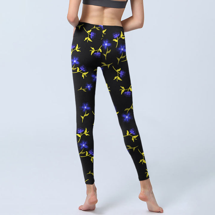 Buddha Stones Blaue Blumenblätter Musterdruck Gym Leggings Damen Yogahose - image 7