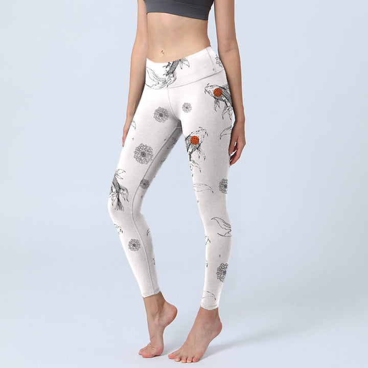 Buddha Stones Koi Fish Chrysanthemum Pattern Print Gym Leggings Damen Yogahose - GhostWhite - US18， UK/AU22，EU50 (4XL) - image 1