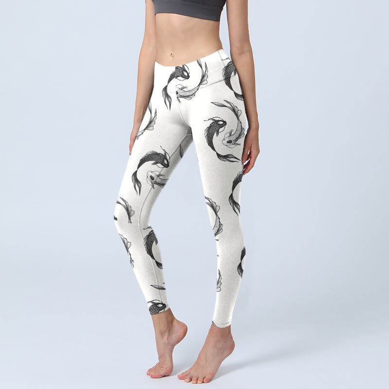 Buddha Stones YinYang Koi Fisch Musterdruck Gym Leggings Damen Yogahose - Weiß - US18, UK/AU22, EU50 (4XL) - image 0