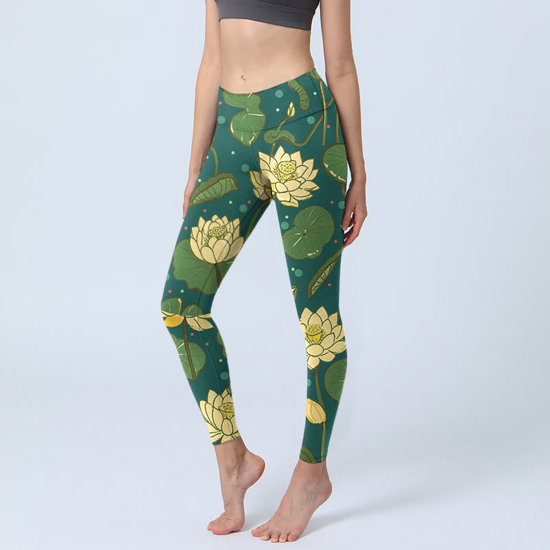 Buddha Stones, blühende Lotusblume, Lotusblätter, Musterdruck, Gym-Leggings, Damen-Yogahose - Waldgrün - US18, UK/AU22, EU50 (4XL) - image 0