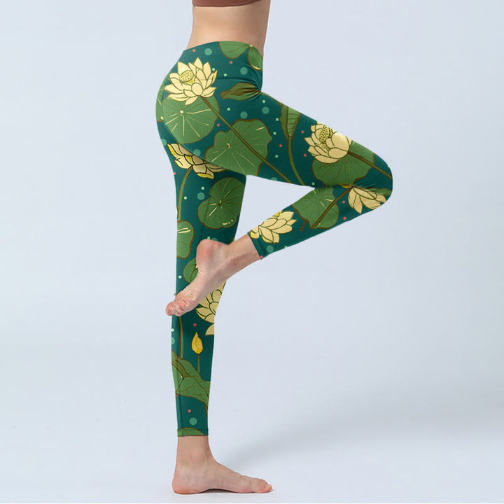 Buddha Stones, blühende Lotusblume, Lotusblätter, Musterdruck, Gym-Leggings, Damen-Yogahose - image 3