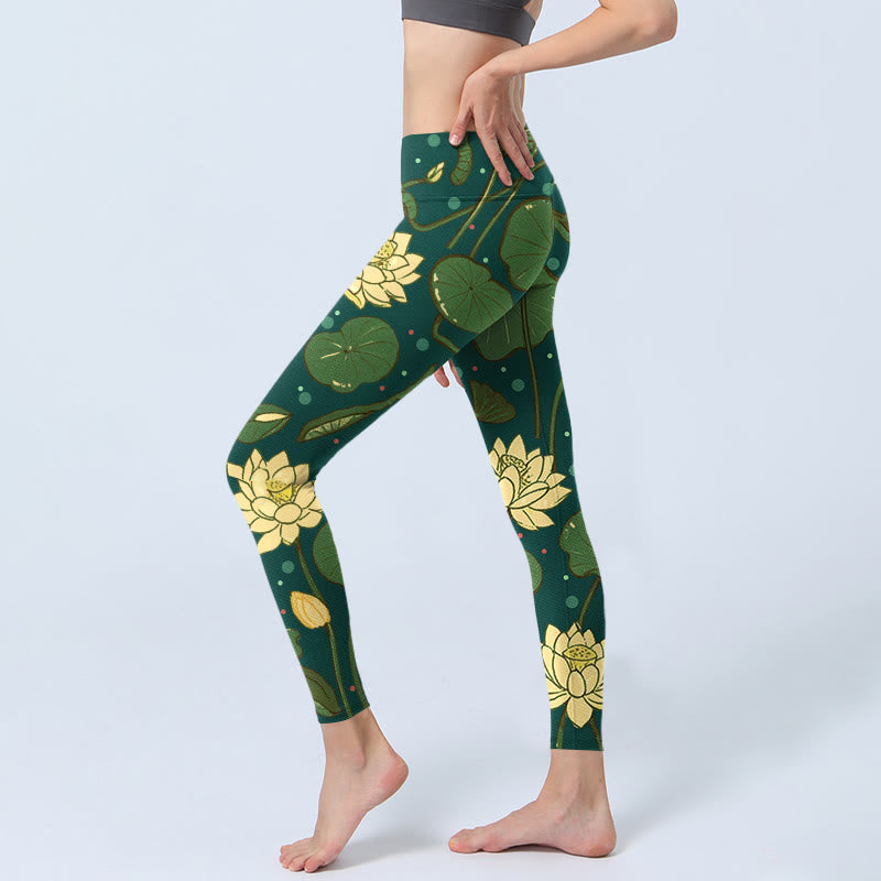 Buddha Stones, blühende Lotusblume, Lotusblätter, Musterdruck, Gym-Leggings, Damen-Yogahose - image 3