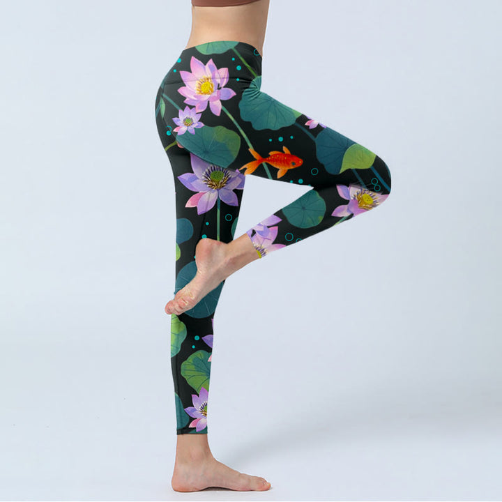 Buddha Stones, blühende hellviolette Lotusblüte, Lotusblätter, Koi-Fisch-Musterdruck, Gym-Leggings für Damen, Yogahose - image 4