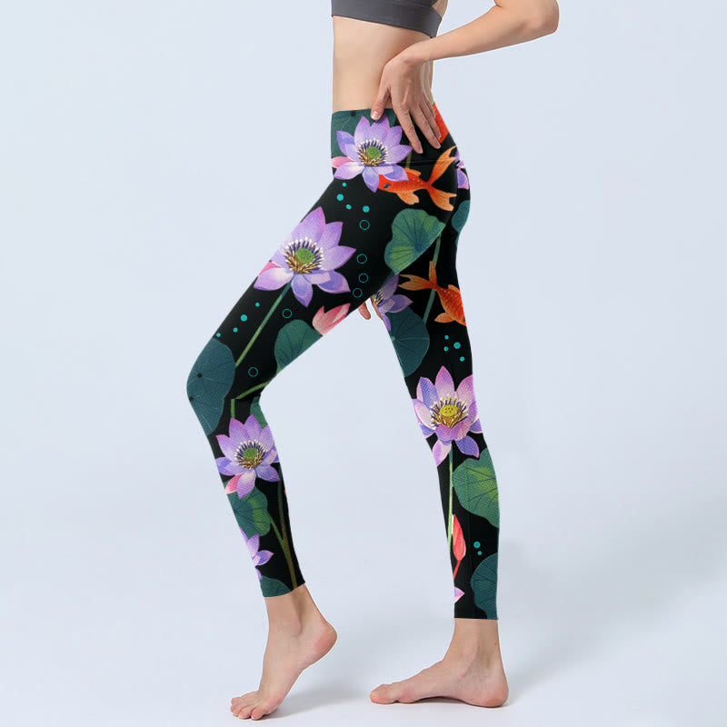Buddha Stones, blühende hellviolette Lotusblüte, Lotusblätter, Koi-Fisch-Musterdruck, Gym-Leggings für Damen, Yogahose - image 2