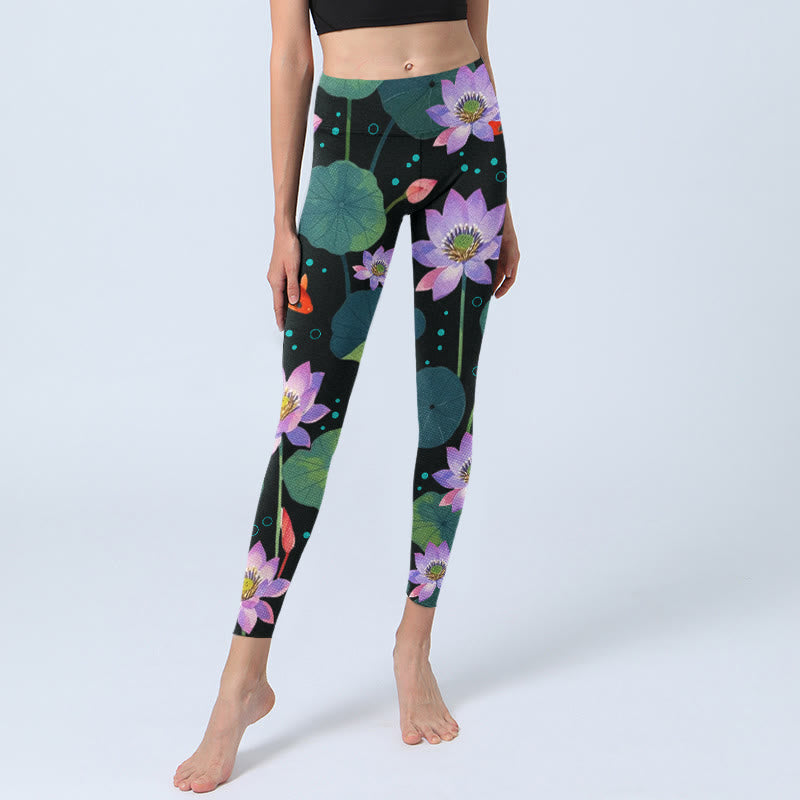 Buddha Stones, blühende hellviolette Lotusblüte, Lotusblätter, Koi-Fisch-Musterdruck, Gym-Leggings für Damen, Yogahose - image 5