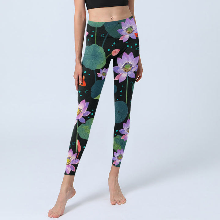 Buddha Stones, blühende hellviolette Lotusblüte, Lotusblätter, Koi-Fisch-Musterdruck, Gym-Leggings für Damen, Yogahose - image 5