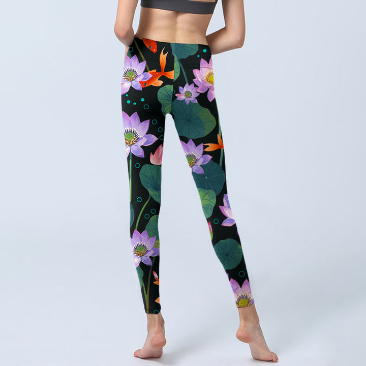 Buddha Stones, blühende hellviolette Lotusblüte, Lotusblätter, Koi-Fisch-Musterdruck, Gym-Leggings für Damen, Yogahose - image 6