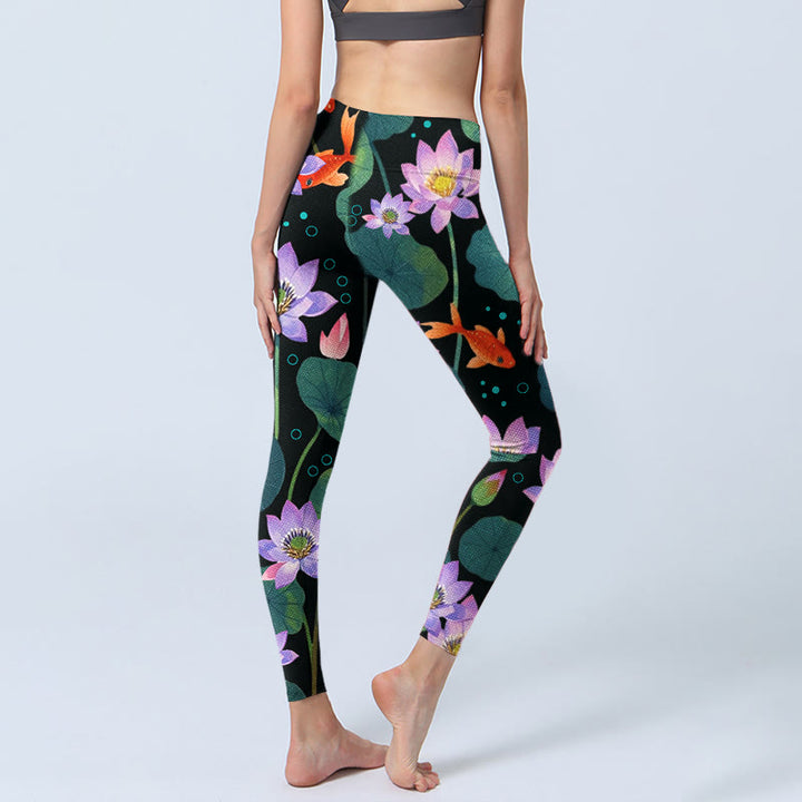 Buddha Stones, blühende hellviolette Lotusblüte, Lotusblätter, Koi-Fisch-Musterdruck, Gym-Leggings für Damen, Yogahose - image 4