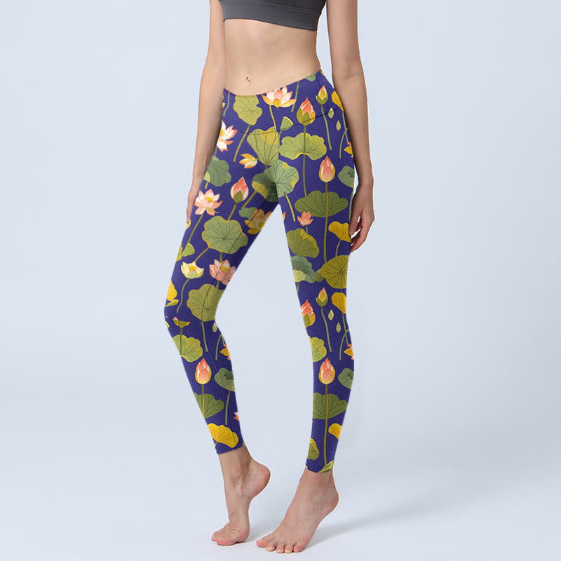 Buddha Stones, blühende rosa weiße Lotusblüte, Lotusblätter, Musterdruck, Gym-Leggings, Damen-Yogahose - Dunkelblau - US18， UK/AU22，EU50 (4XL) - image 1