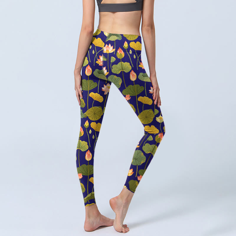 Buddha Stones, blühende rosa weiße Lotusblüte, Lotusblätter, Musterdruck, Gym-Leggings, Damen-Yogahose - image 3
